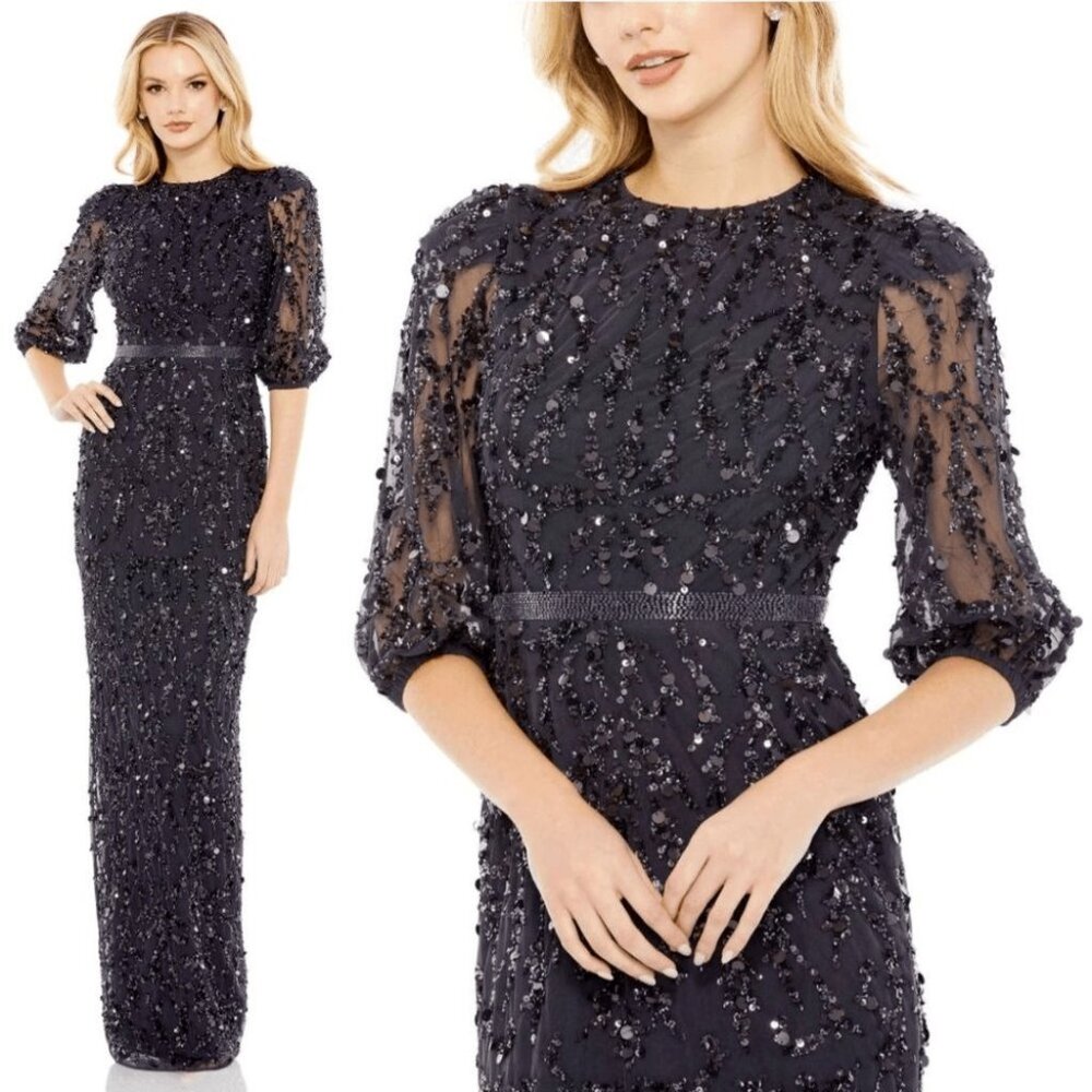 NWT Mac Duggal Sequined Elbow Sleeve Gown SZ 18 MIDNIGHT BLUE 93790